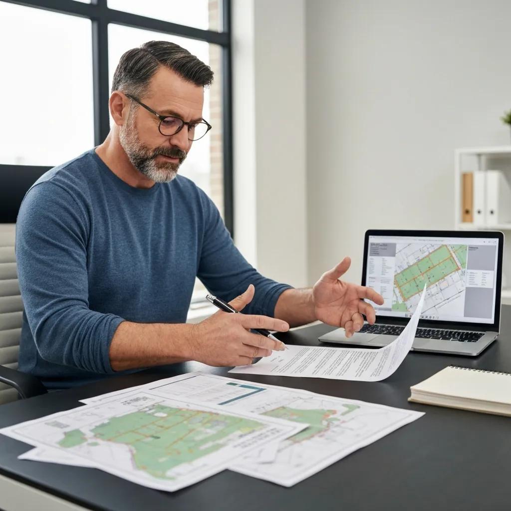 Owner preparing a zoning variance application with site plans and photos on a desk Owner preparing a zoning variance application with site plans and photos on a desk