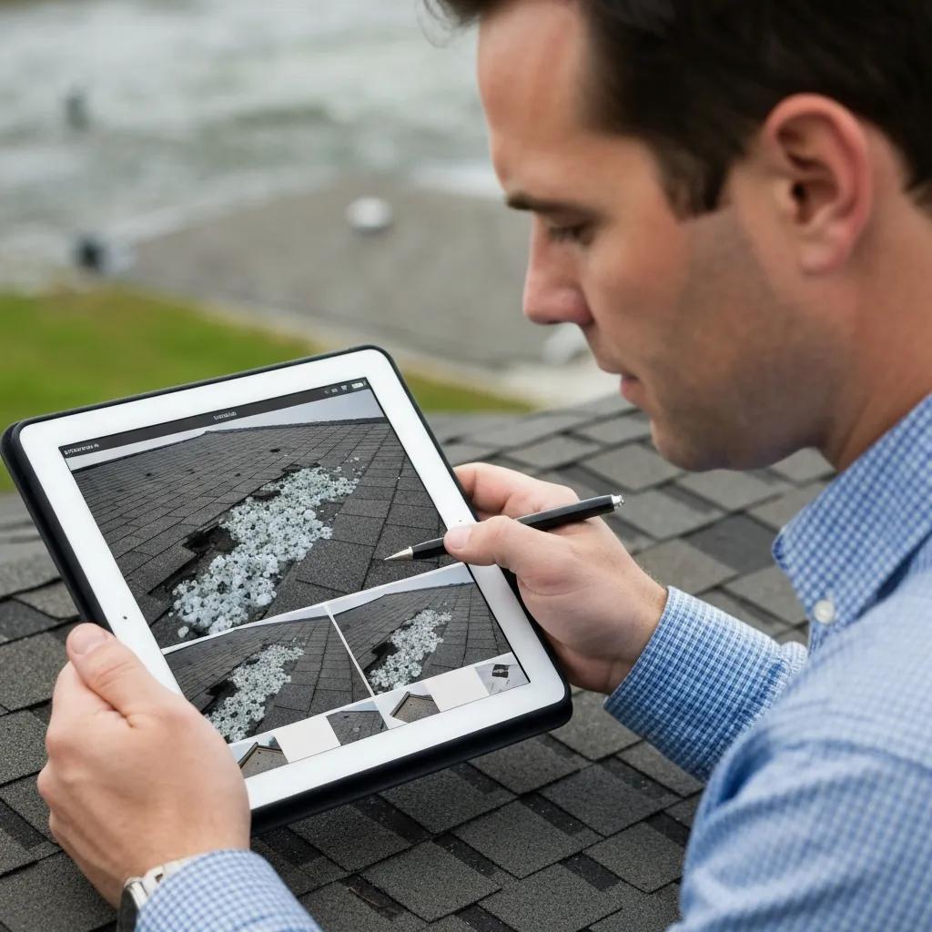 Public adjuster documenting hail damage with a tablet during a roof inspection