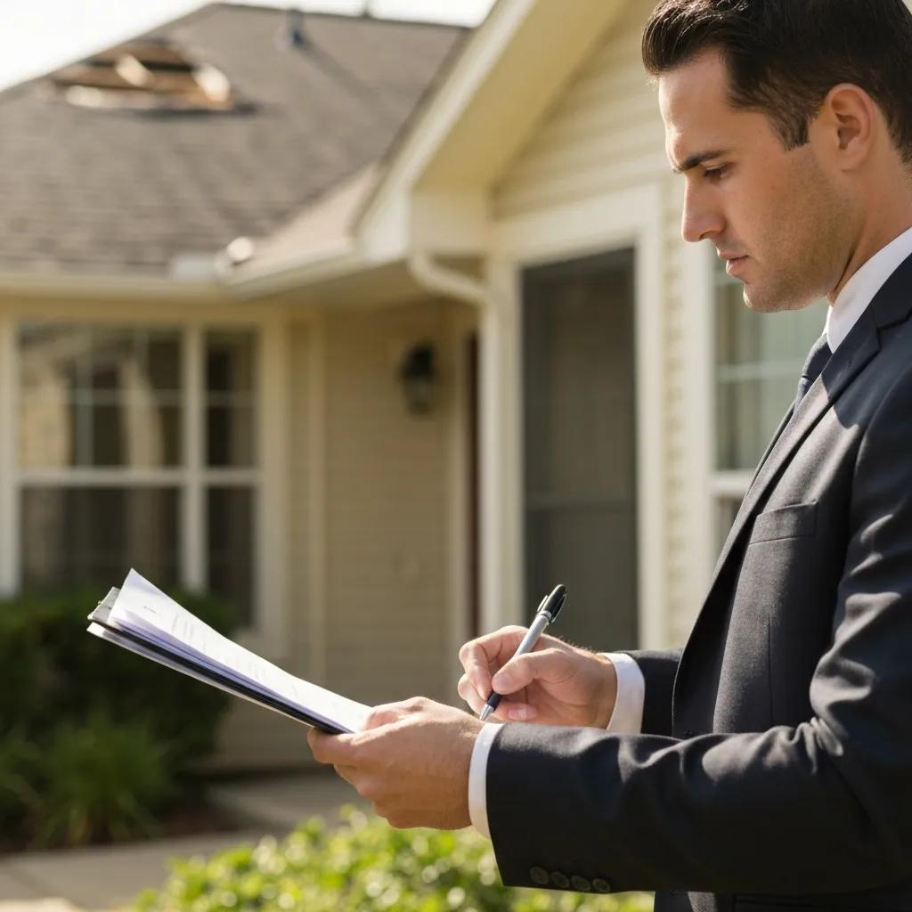 Public adjuster inspecting property damage with documents and notes
