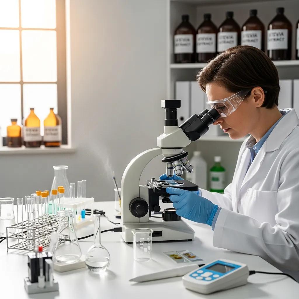 Quality control technician examining stevia extract samples under a microscope in a lab, emphasizing quality assurance