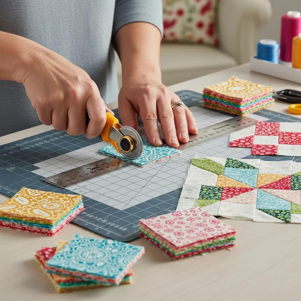 Quilter demonstrating cutting techniques with layer cake fabric squares