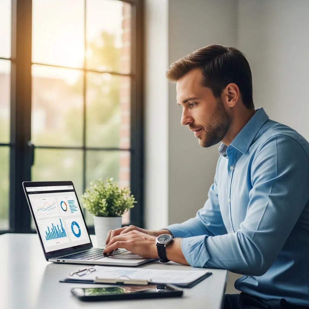 Real estate agent reviewing CRM data on a laptop in a modern office — focused on reporting and analytics for real estate