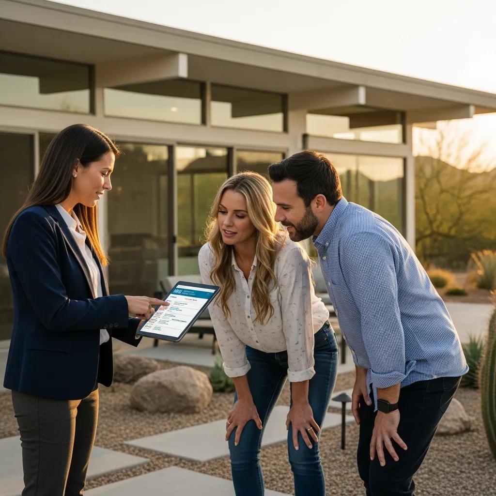 Real estate agent demonstrating MLS listing to clients, showcasing flat fee services