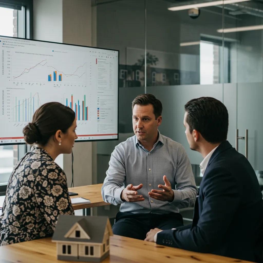 Real estate agent discussing housing market trends with clients in a modern office