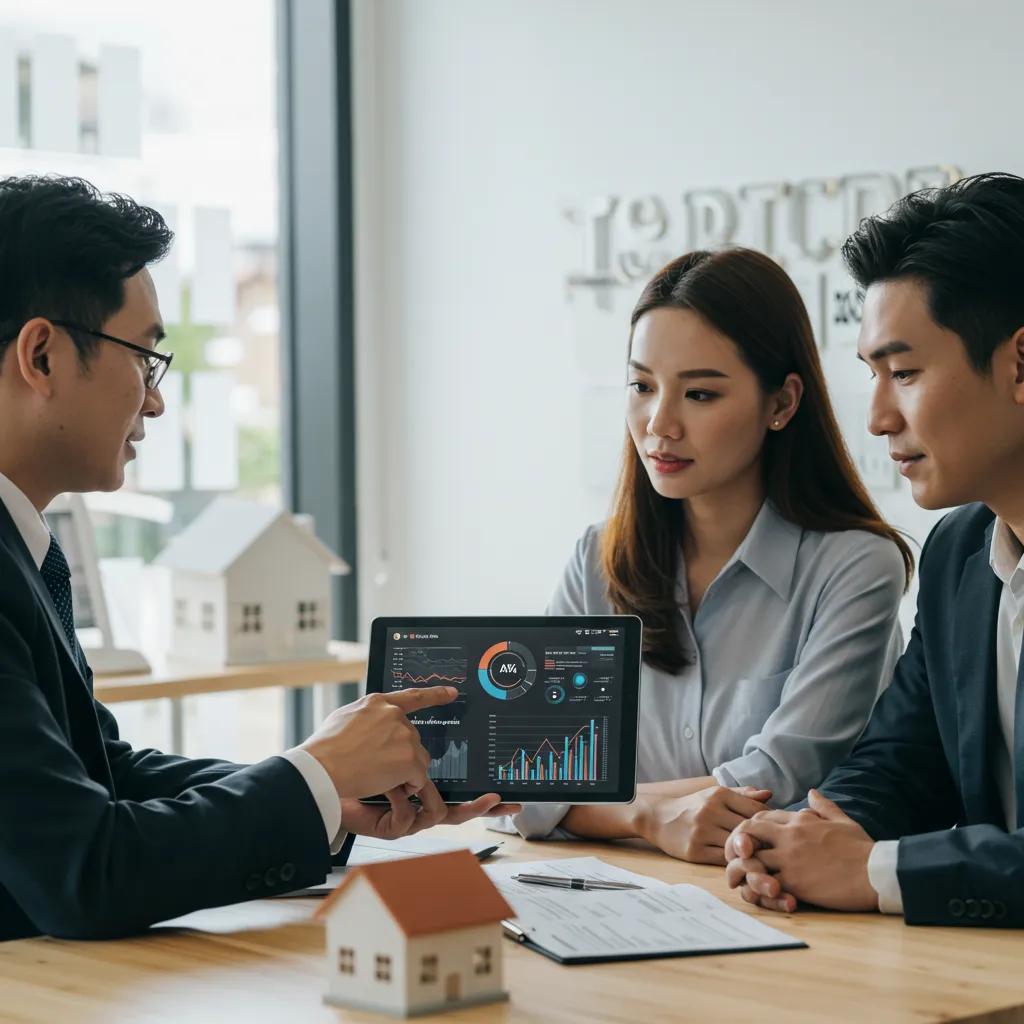 Real estate agent explaining AI pricing strategies to clients in a modern office setting