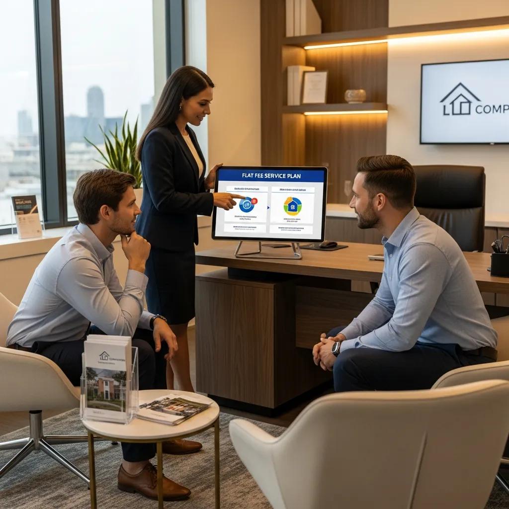 Real estate agent explaining flat fee services to home sellers