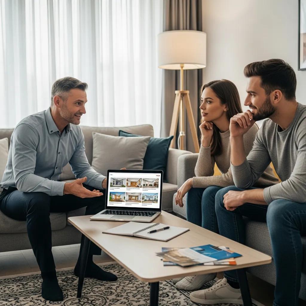 Real estate agent explaining flexible selling options to a couple in a cozy living room setting