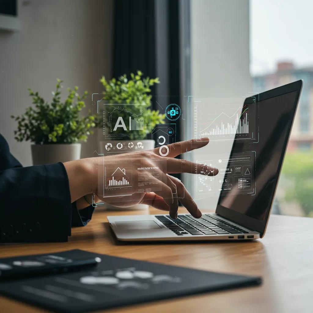 A modern real estate professional leveraging AI technology for advanced market insights