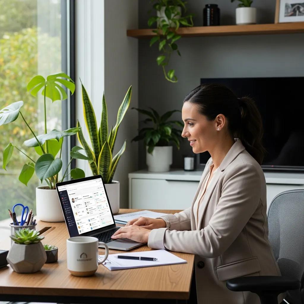 Real estate professional using CRM technology in a modern office setting