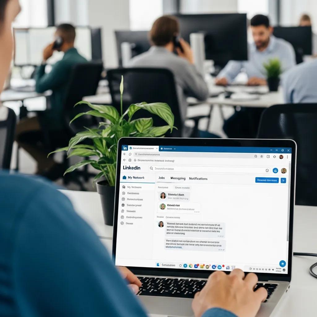 Recruiter sending personalized messages on LinkedIn in a busy office