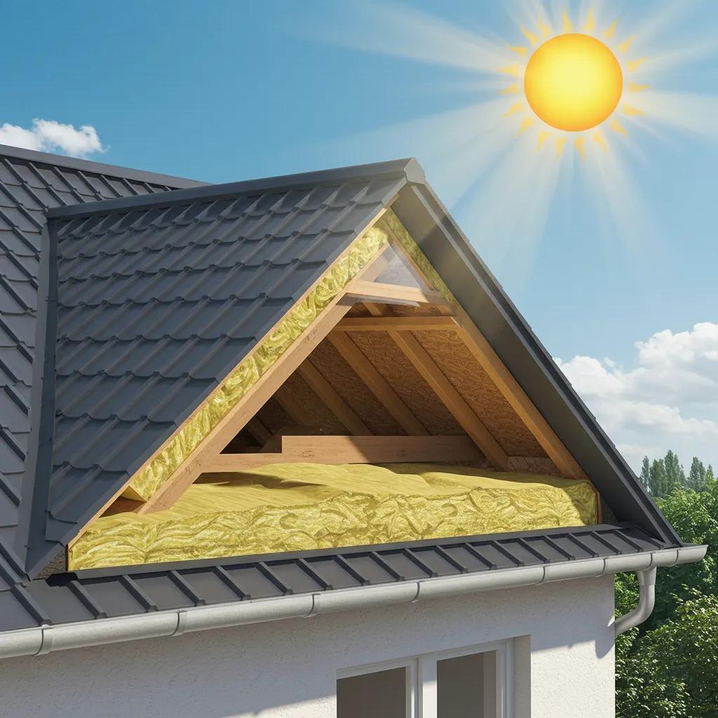 A reflective metal roof demonstrating energy efficiency, with a visible insulated attic below