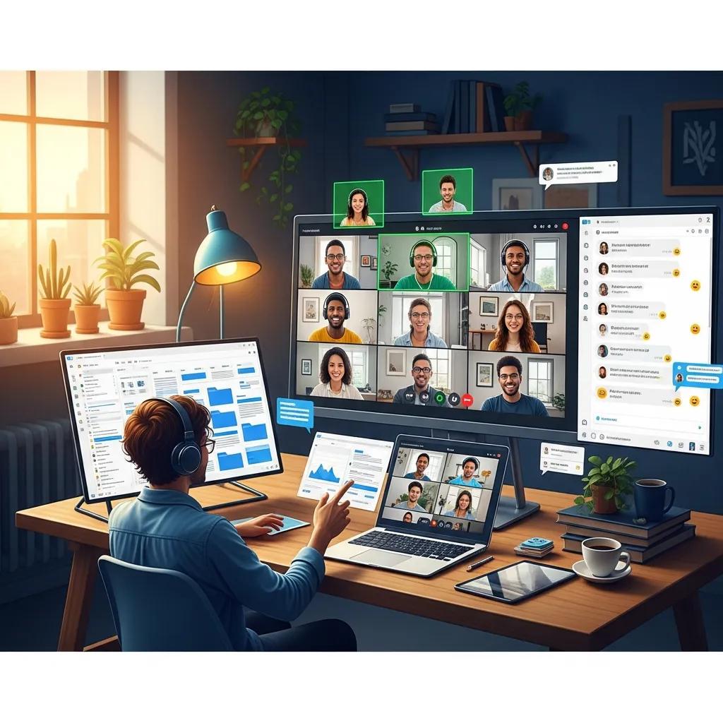 Remote team collaborating through video conferencing and communication tools