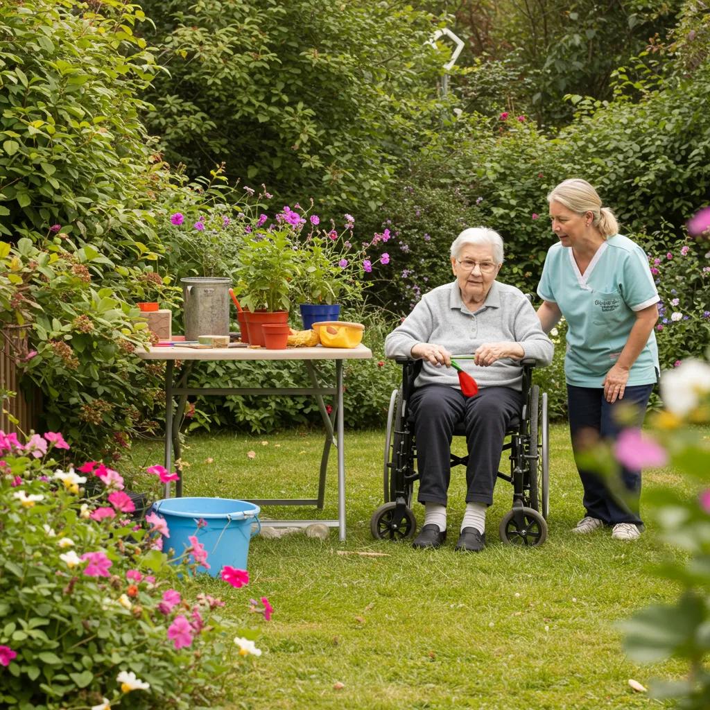 Resident engaged in gardening, experiencing emotional comfort and relaxation through sensory interaction with nature.