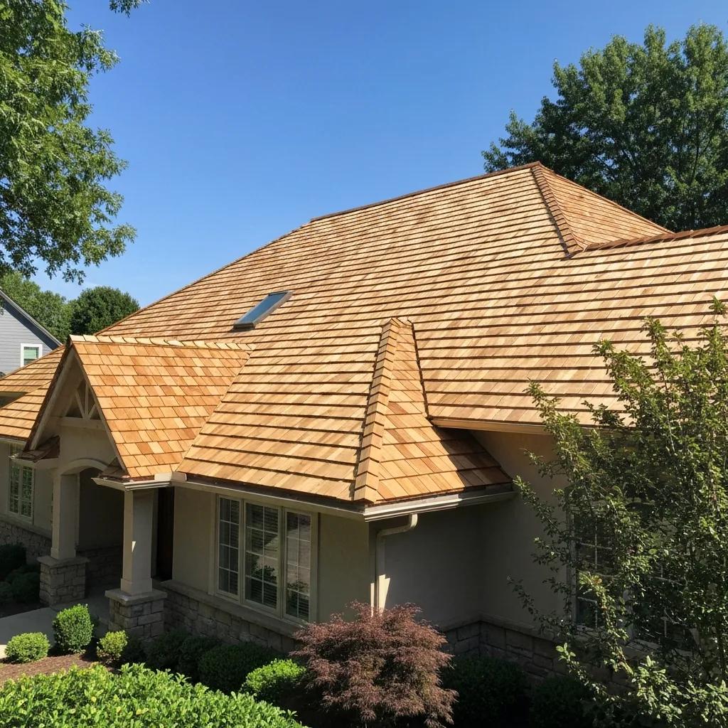 Kansas City residential home with a newly installed wood roof showing natural texture and classic curb appeal