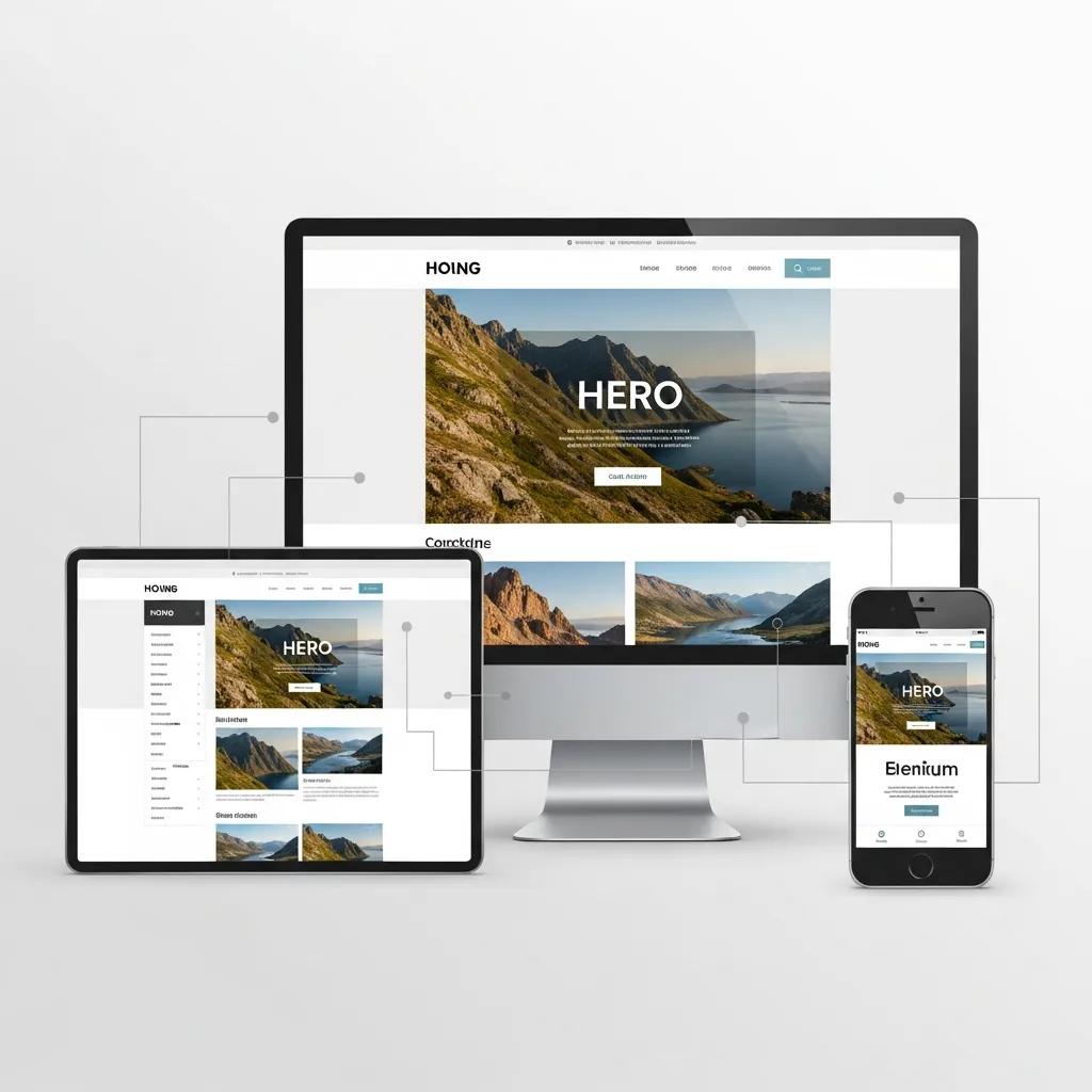 Responsive website displayed on smartphone, tablet, and desktop showcasing design adaptability Responsive website displayed on smartphone, tablet, and desktop showcasing design adaptability