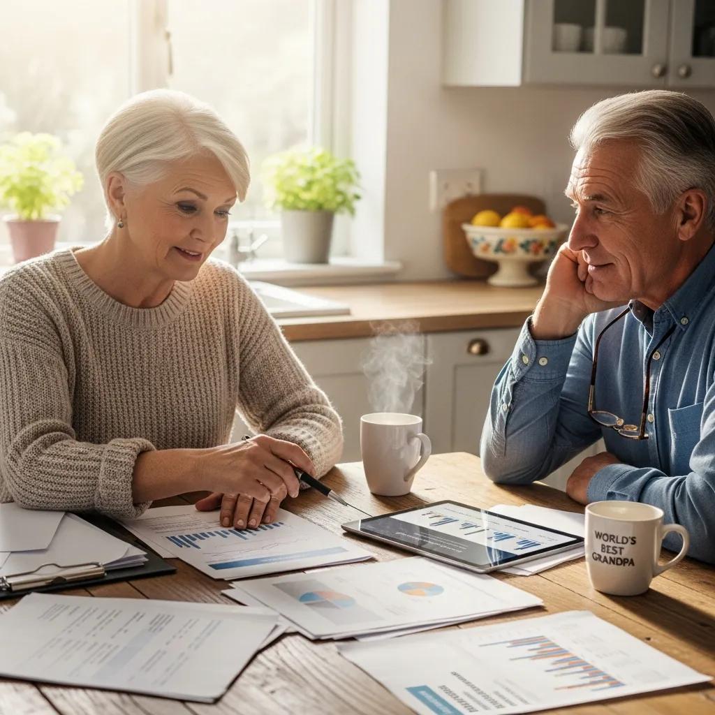 Retired couple discussing financial planning at a cozy kitchen table, reviewing investment strategies and risk tolerance, with documents and a tablet displaying charts.