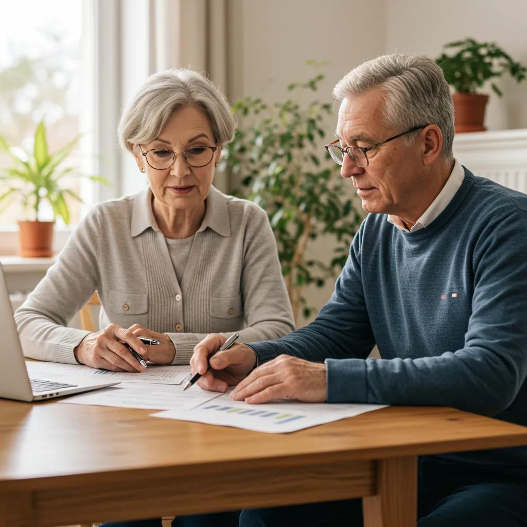 Retired couple reviewing retirement documents and a laptop at home