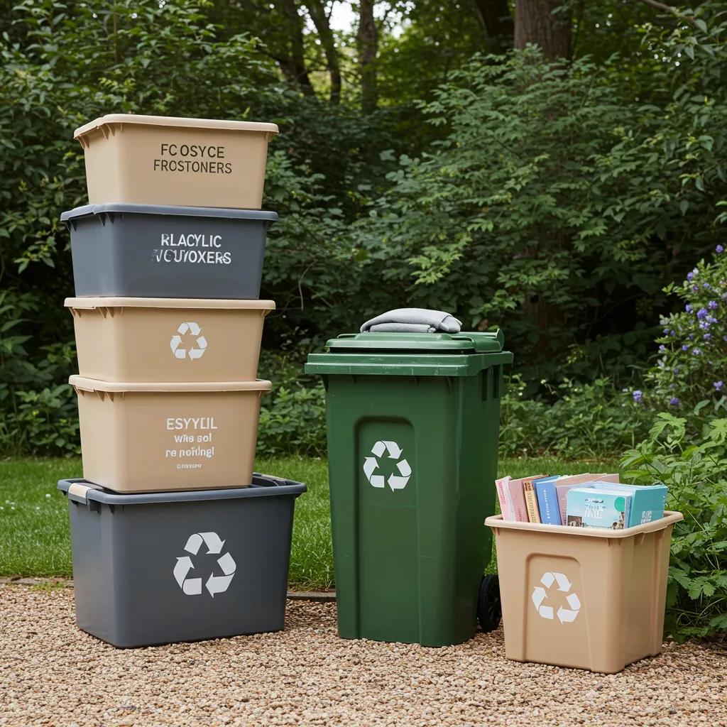 Bright green Bronko Box plastic moving boxes next to a recycling bin, symbolizing a sustainable and eco-friendly moving choice.