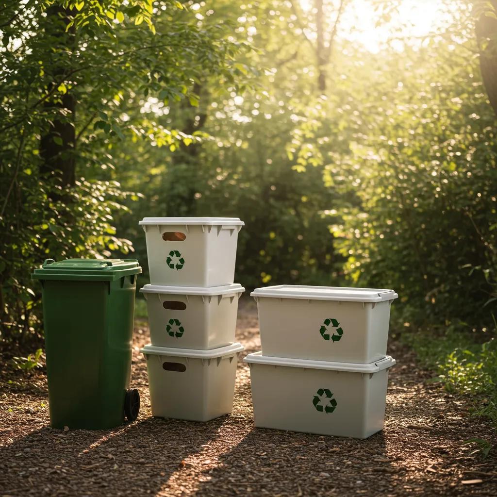 Sustainable Bronko Box plastic moving boxes next to a recycling bin in a vibrant green Austin outdoor setting, highlighting eco-friendly moving solutions