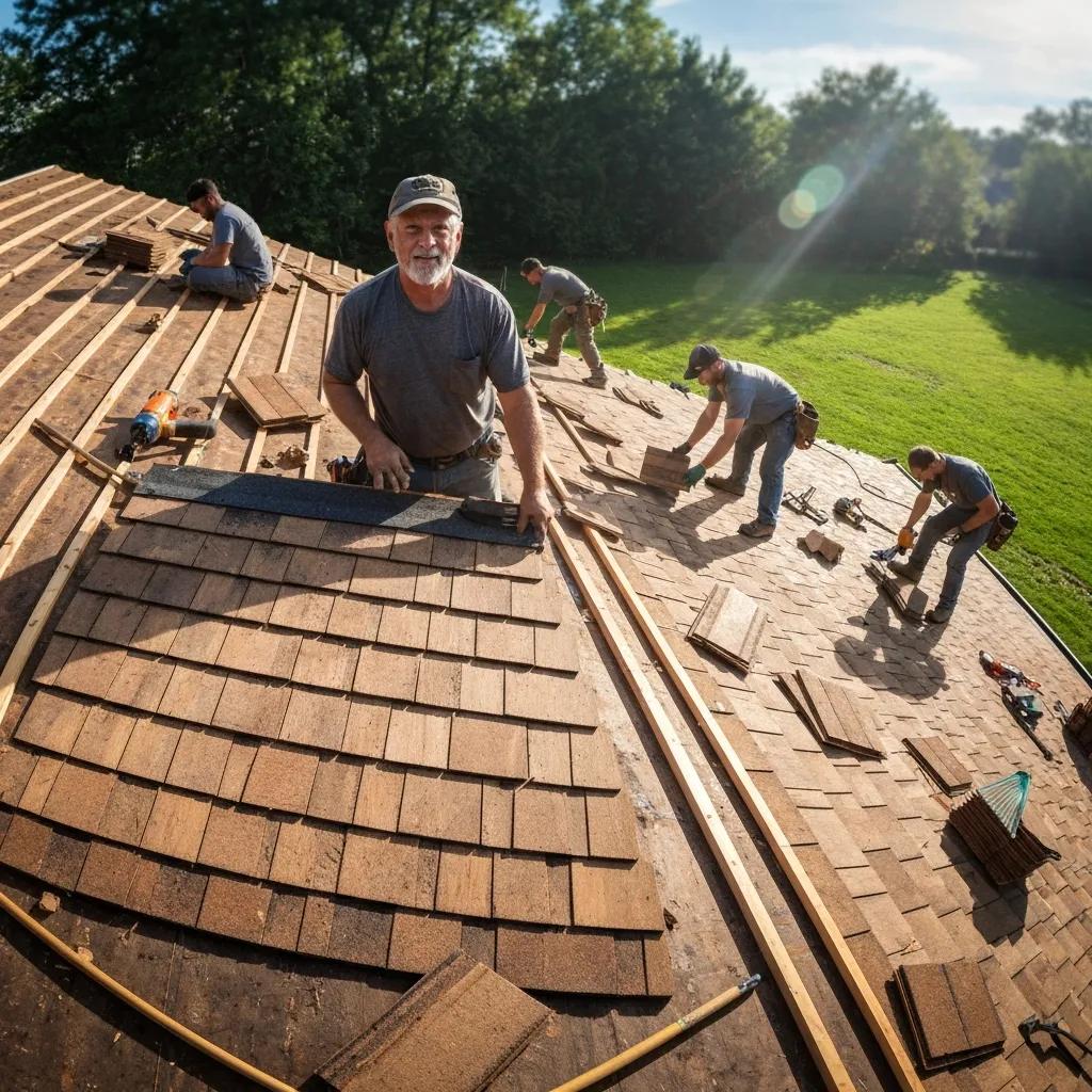 Roofing crew performing a wood roof replacement, illustrating the main work stages