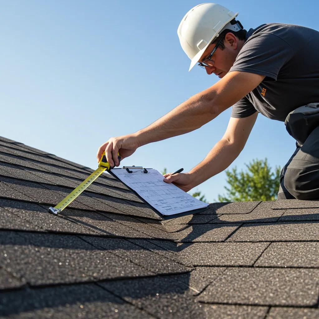 Roofing professional conducting an on-site inspection with measuring tools and clipboard