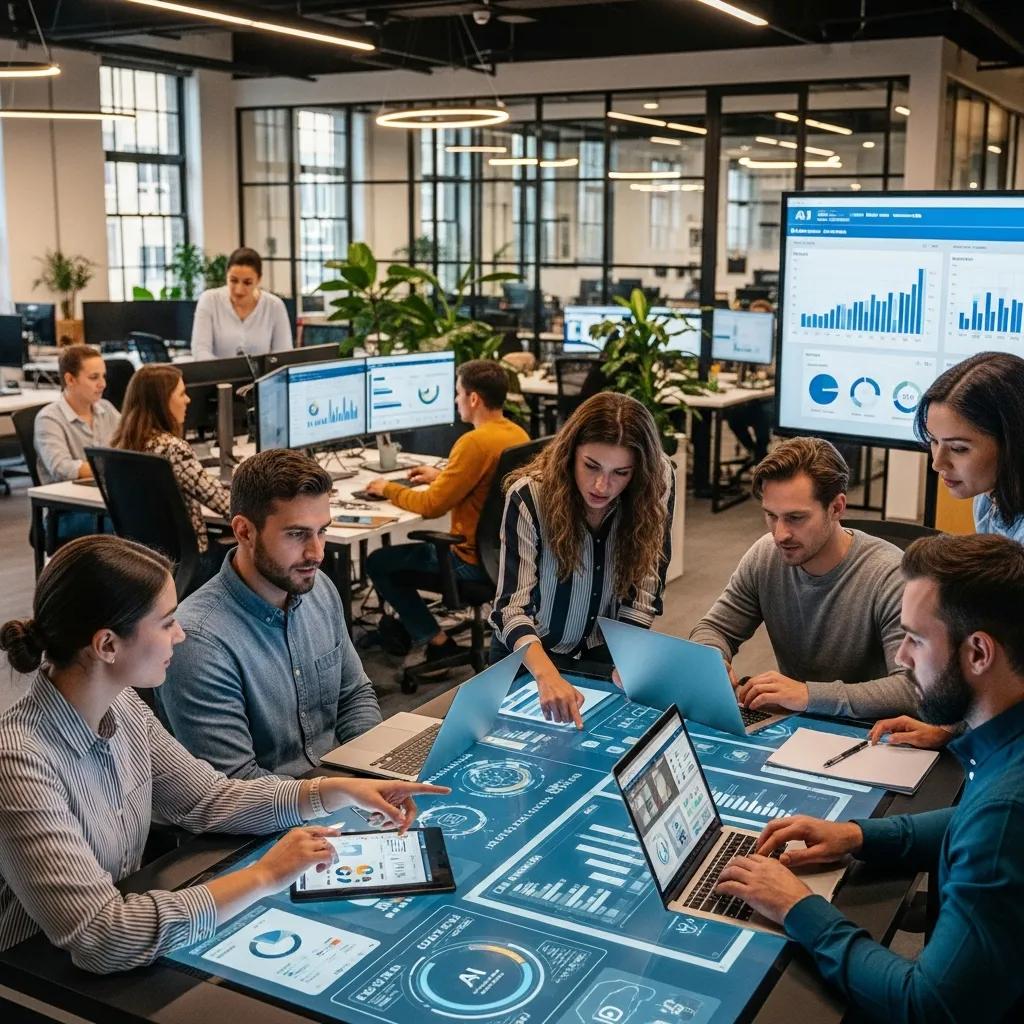 Sales professionals collaborating with AI technology in a modern office setting