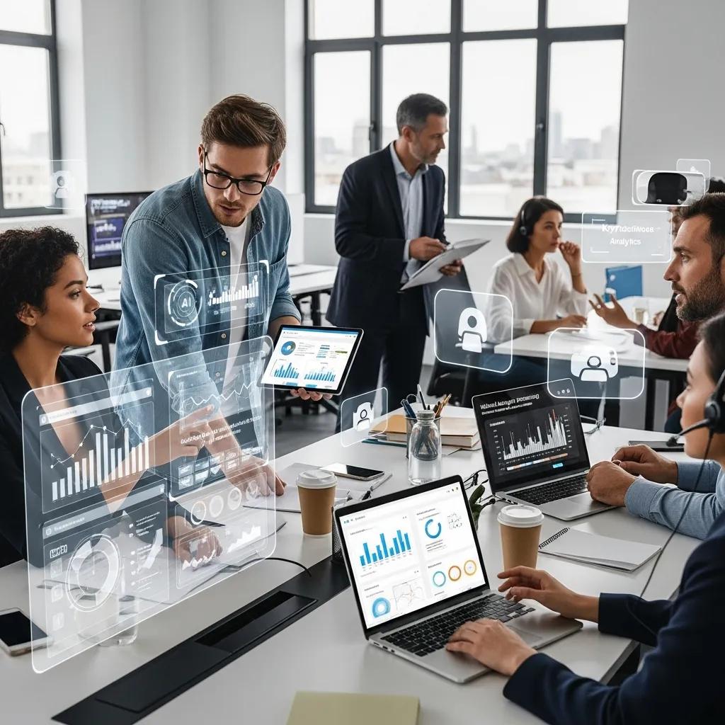 Sales team collaborating with AI tools in a modern office setting