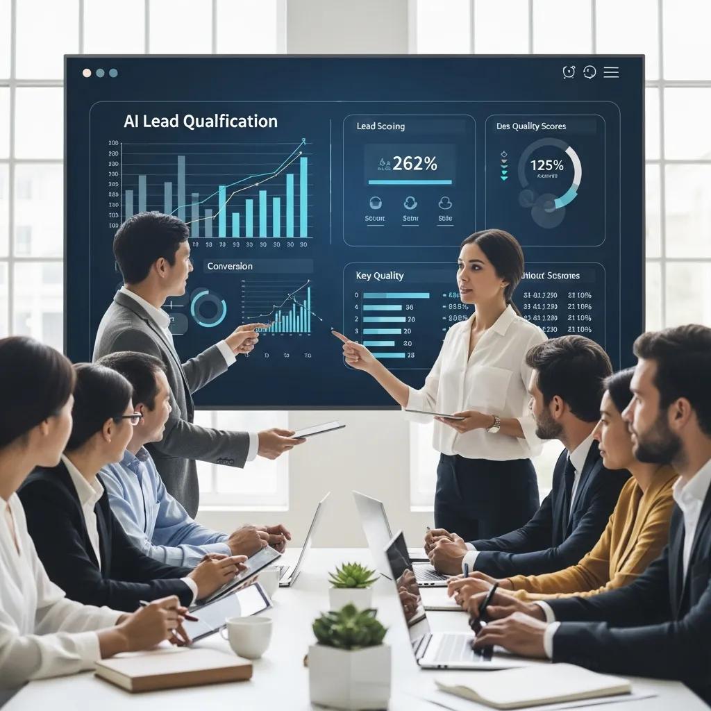 Sales team reviewing AI lead qualification metrics on a screen Sales team reviewing AI lead qualification metrics on a screen