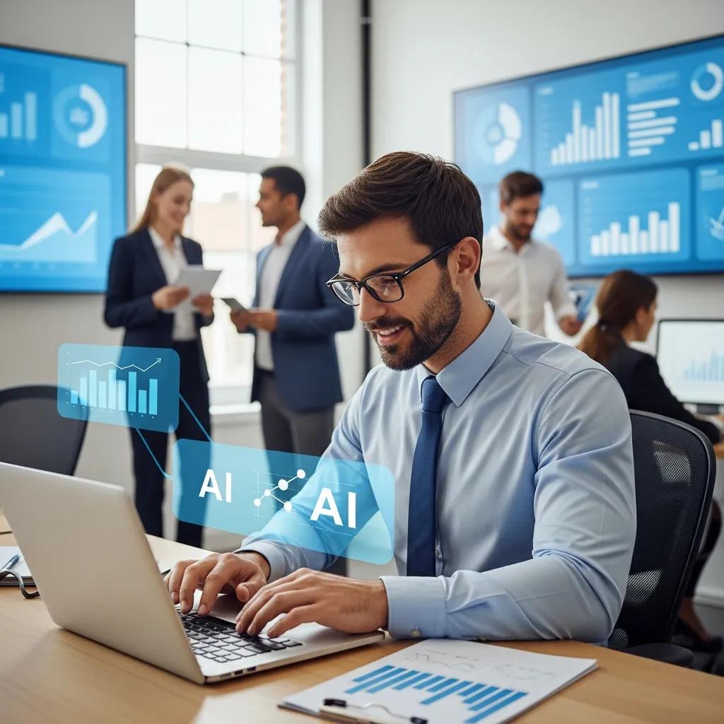 Sales team utilizing AI tools for increased productivity in a modern office Sales team utilizing AI tools for increased productivity in a modern office