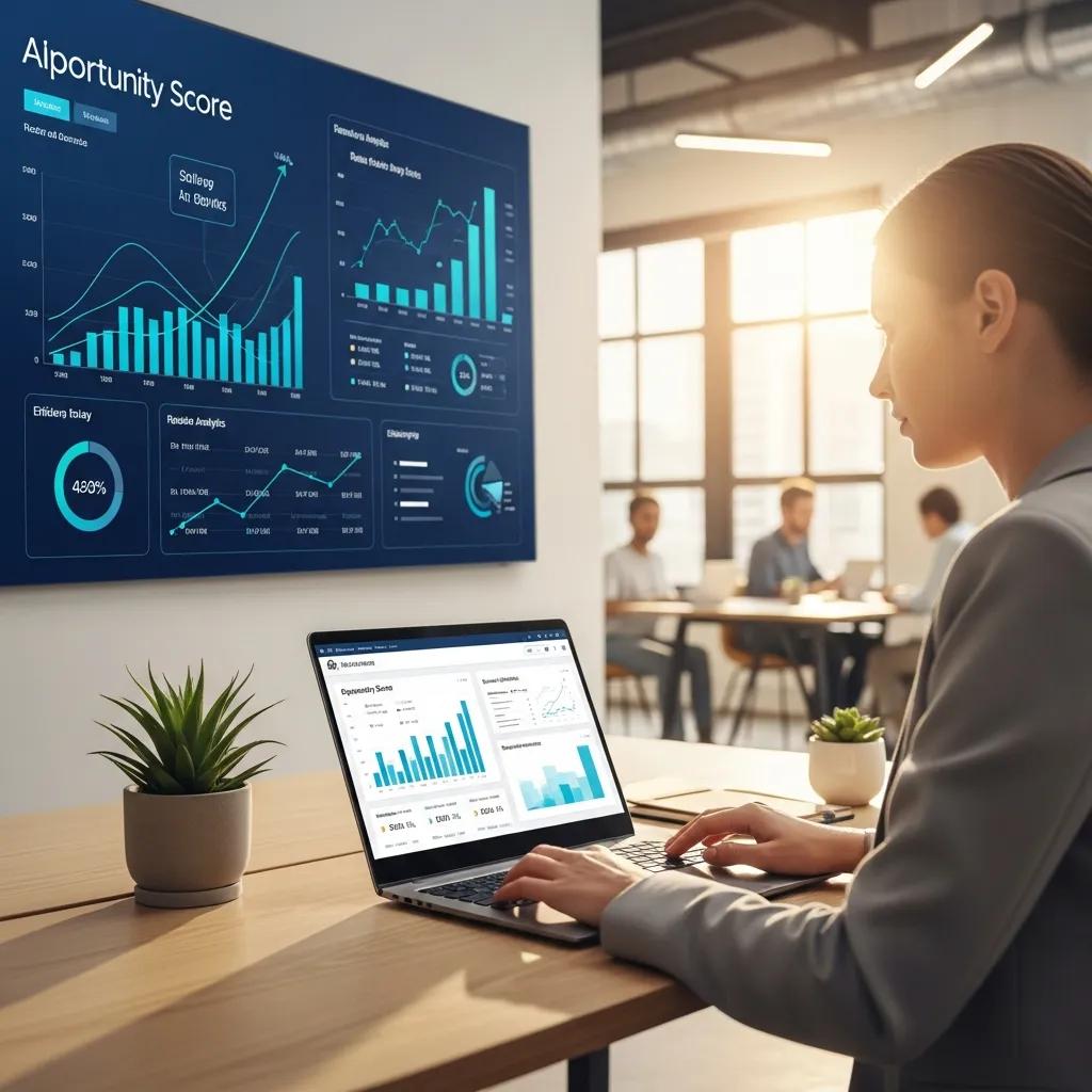 Salesperson utilizing AI software to enhance productivity in a bright workspace