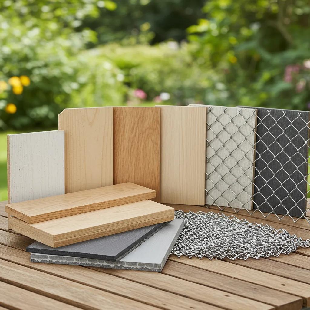 Samples of wood, vinyl, aluminum, and chain link fence materials on a table