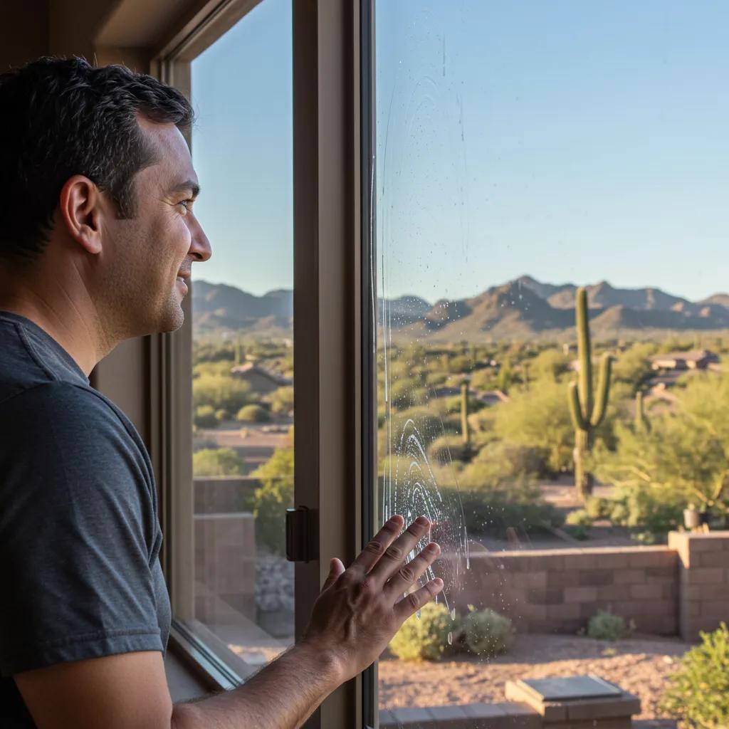 Satisfied homeowner admiring freshly cleaned windows with Arizona desert view