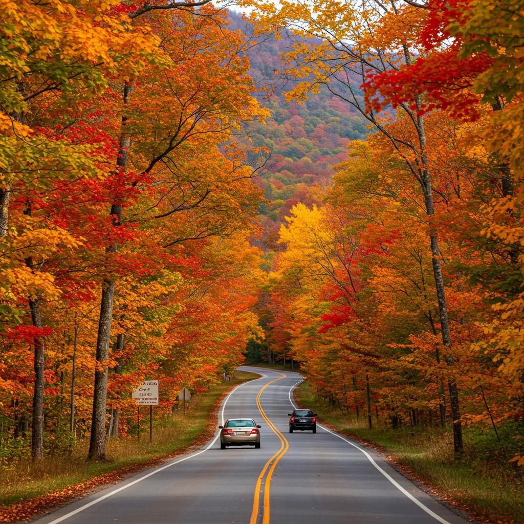 Scenic drive through colorful fall foliage in Blue Ridge Mountains with a family car