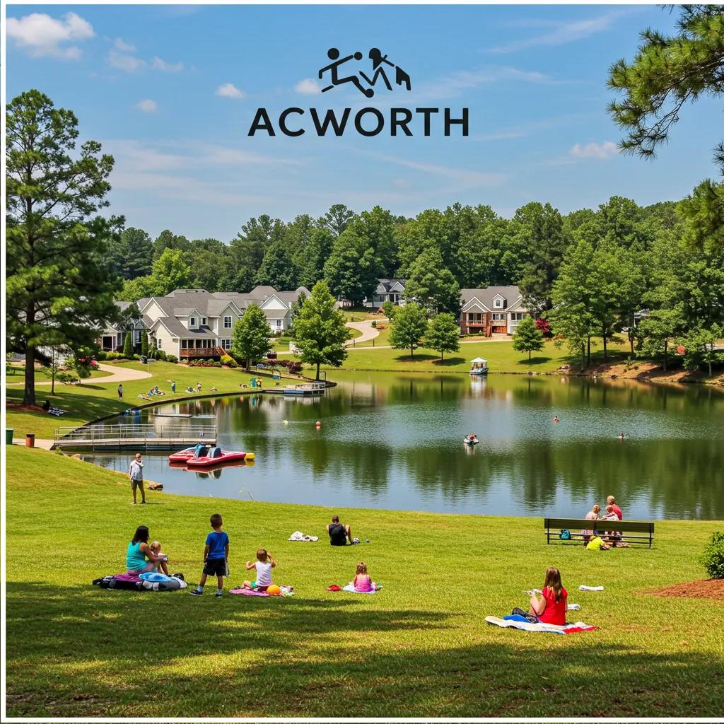 Scenic view of Acworth, GA lakefront with homes and recreational activities