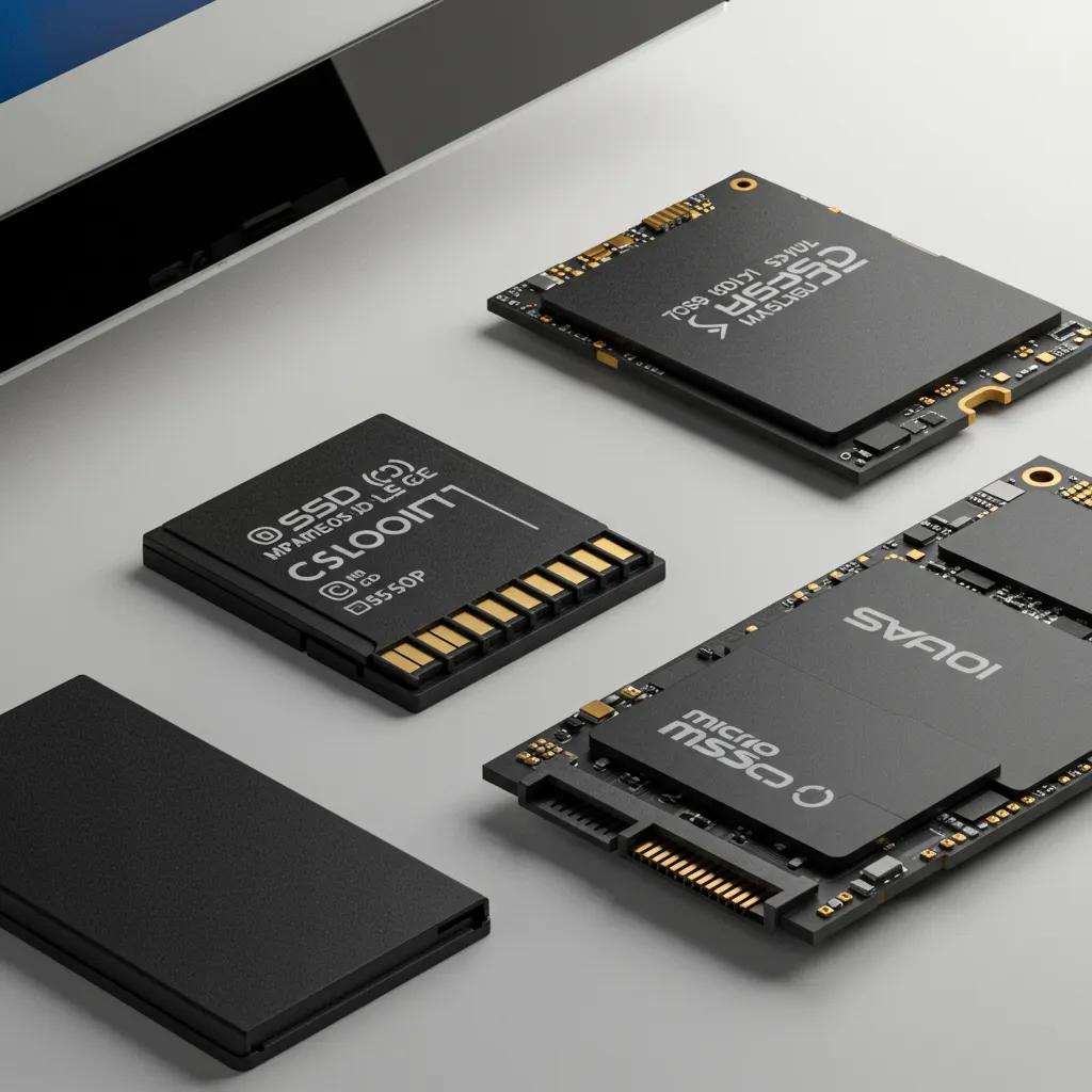 SD card, microSD card, and SSD displayed on a tech-inspired workspace