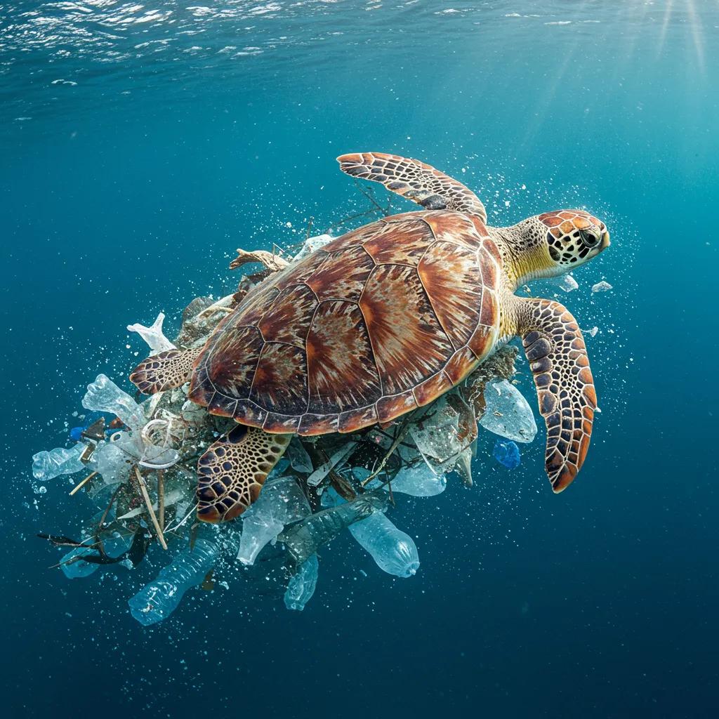 Sea turtle entangled in plastic debris, showcasing the impact of the Great Pacific Garbage Patch