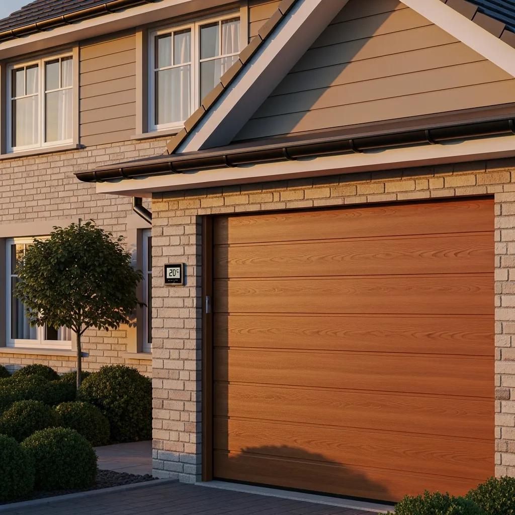Sectional garage door installed in a home, showing insulated panels and a residential finish