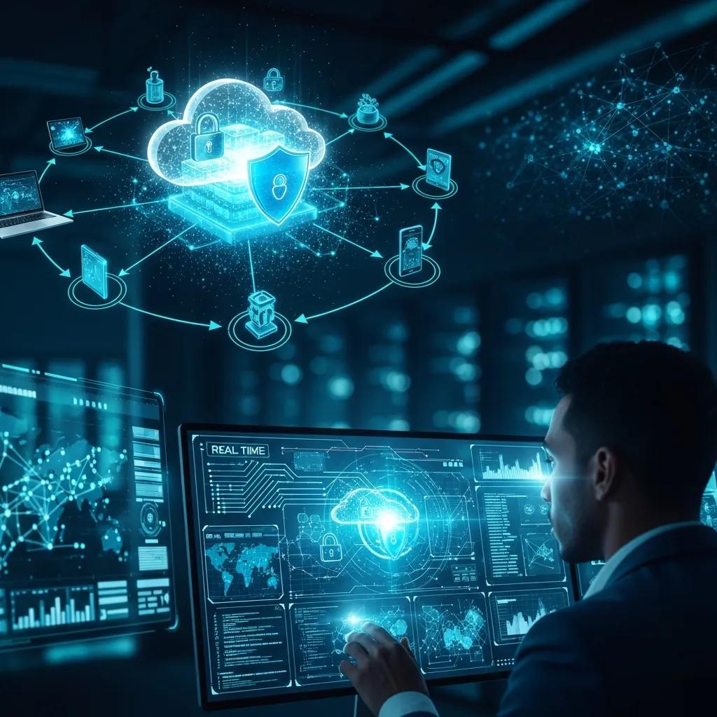 Secure cloud server with cybersecurity elements, highlighting IT helpdesk effectiveness