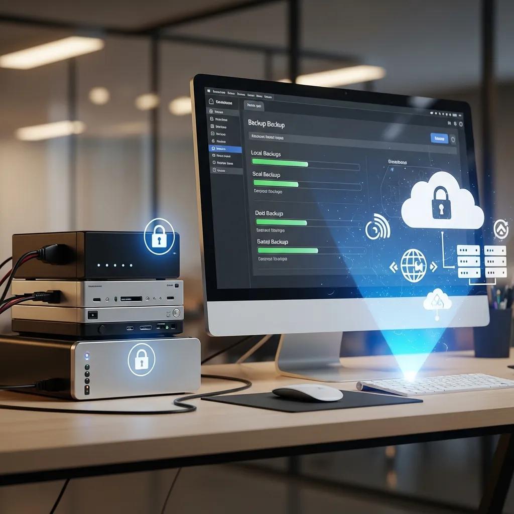 Secure data backup setup showcasing external drives and cloud storage for ransomware mitigation