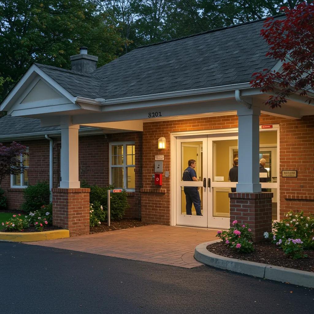 Secure entrance of a memory care facility, highlighting safety features and a welcoming environment