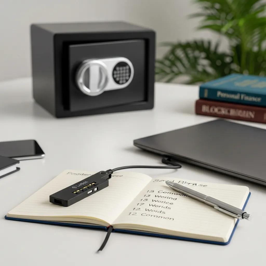 Home desk showing a hardware wallet and written seed phrase Home desk showing a hardware wallet and written seed phrase