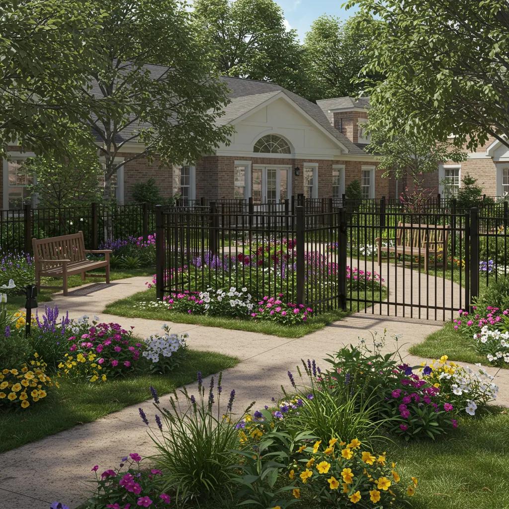 Secure outdoor area for memory care residents promoting safety and engagement