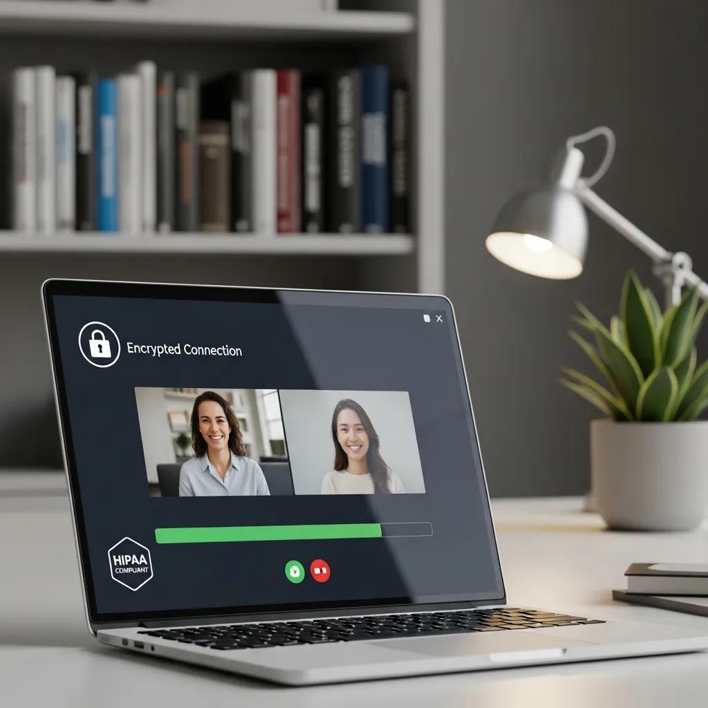 Secure teletherapy platform interface emphasizing HIPAA compliance and privacy features