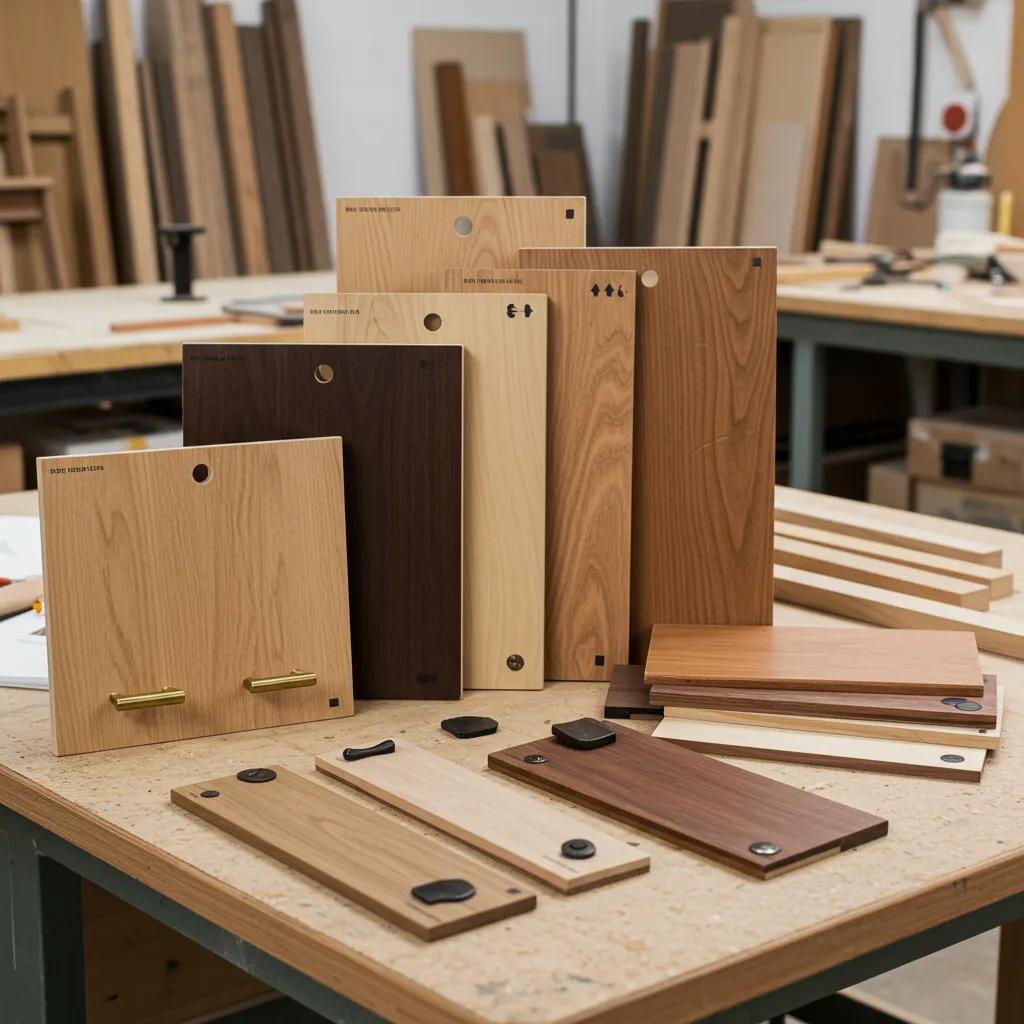 Selection of customizable timber furniture options in a workshop, highlighting craftsmanship and design choices