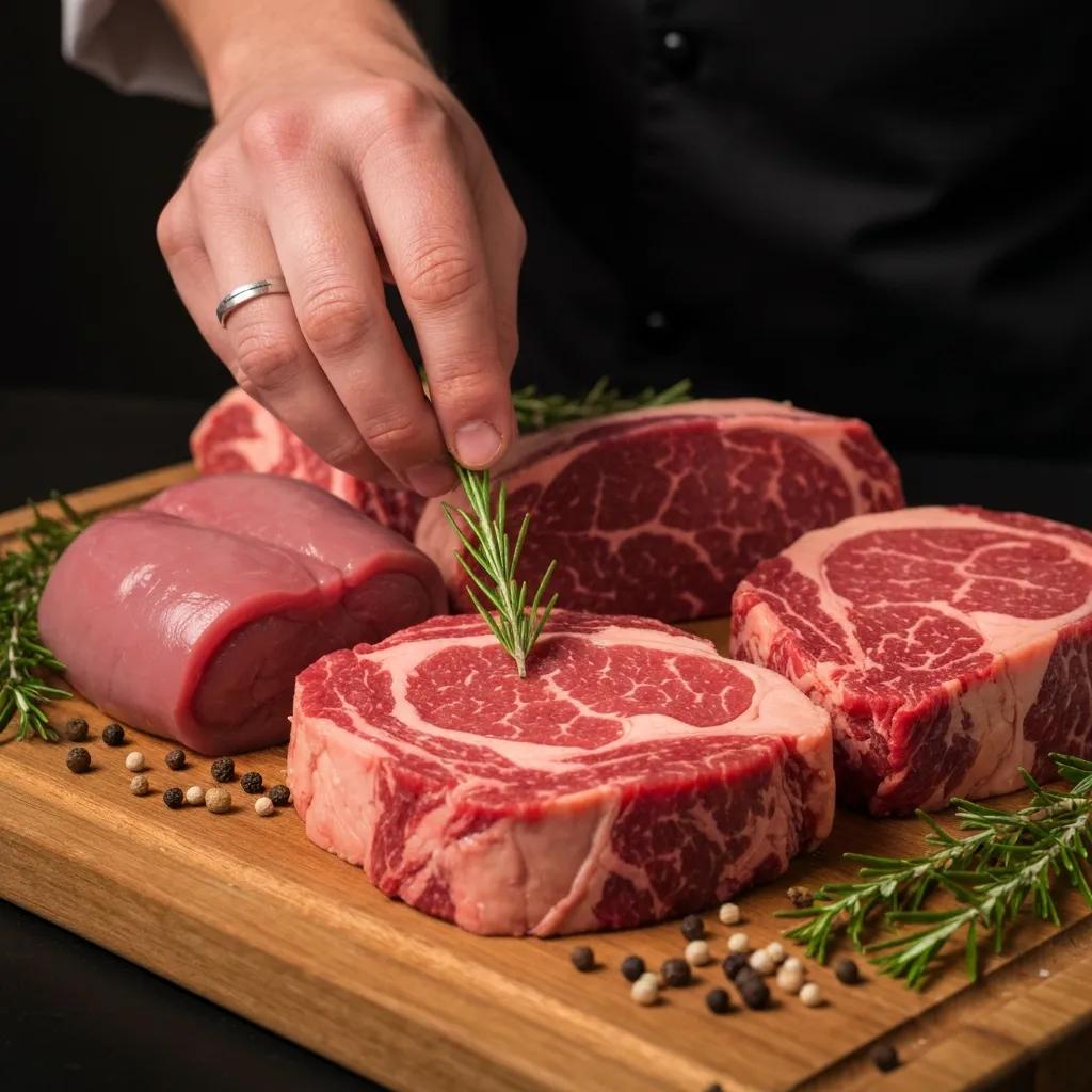Assorted grass‑fed Corriente beef cuts on a wooden board with fresh herbs