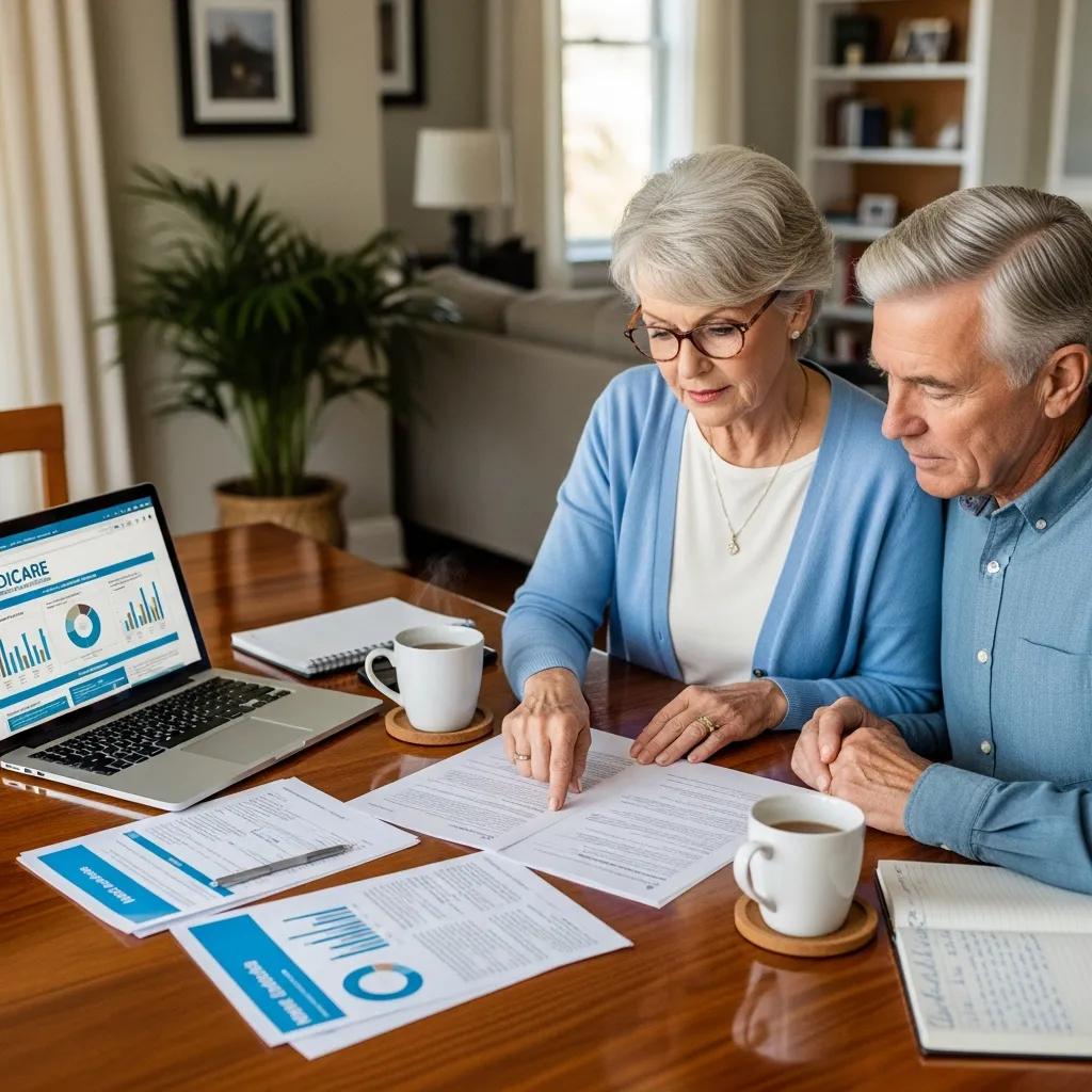 Senior couple reviewing Medicare plan options at a dining table with documents and a laptop