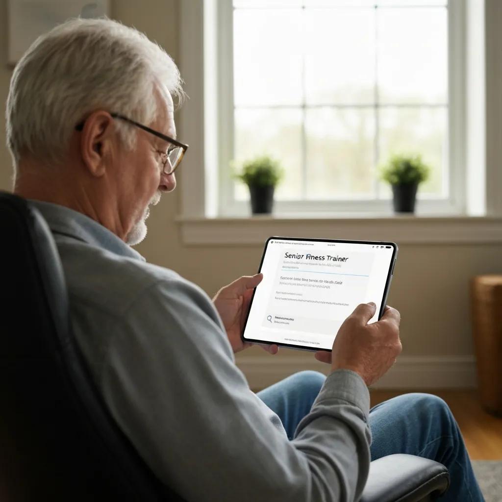 Senior searching for a certified fitness trainer online, emphasizing the process of finding in-home training options Senior searching for a certified fitness trainer online, emphasizing the process of finding in-home training options