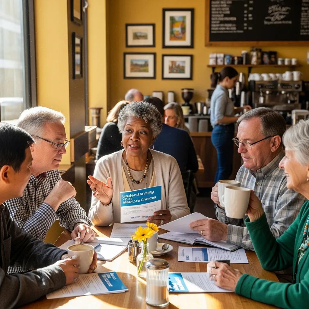 Seniors discussing Medicare options in a cozy South Carolina coffee shop