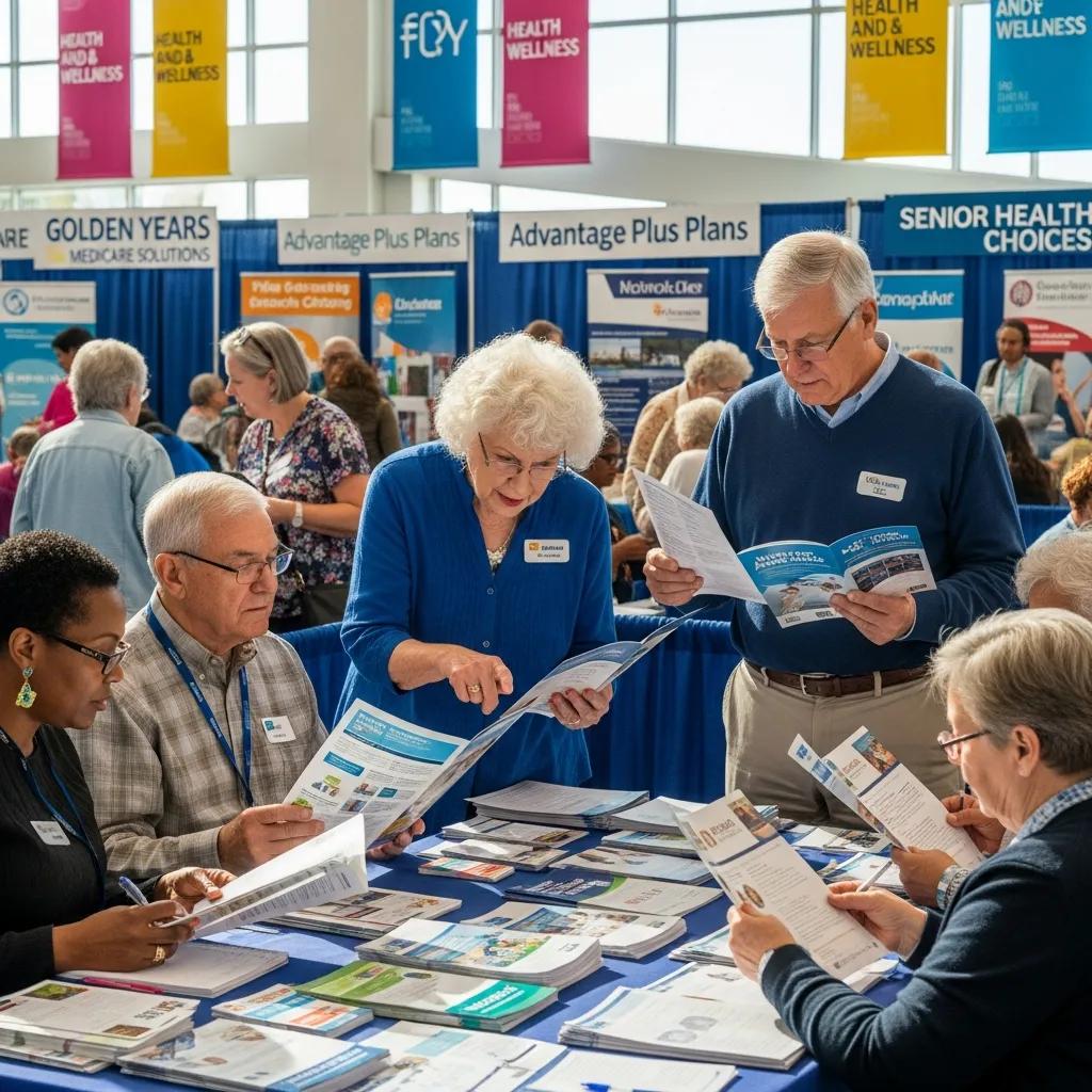 Seniors exploring Medicare Advantage plans at a community health fair