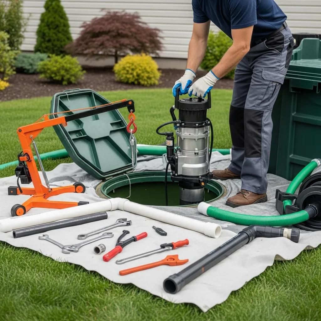 Technician installing a residential septic pump